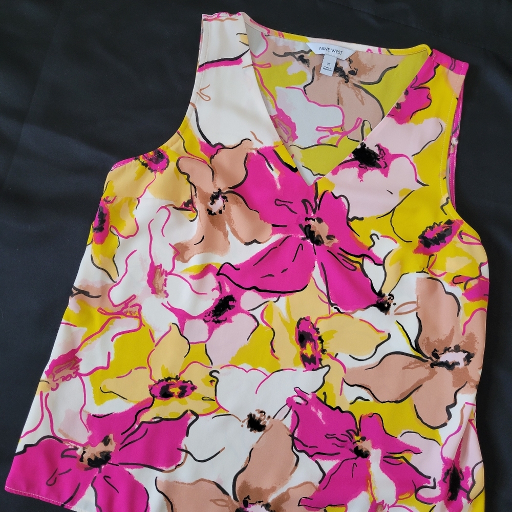Nine West Women's Medium Floral Sleeveless Top Blouse Pink Yellow Spring Summer